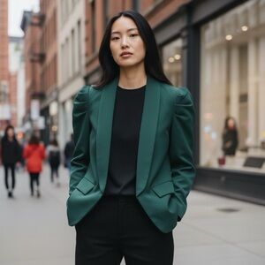 Dark Green Blazers Puff Sleeve Lapel Open Front with Pockets